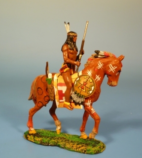 Indianer zu Pferd Gewehr links auf Knie haltend